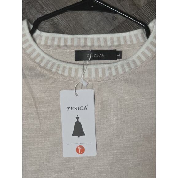 ZESICA Women's Knit Sweater Large Sand Crewneck Long Sleeve Striped Trim NWT - Picture 2 of 5
